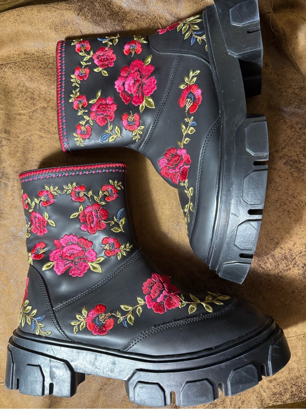 25. FARM Rio Black Combat Boots with Pink Floral Embroidery